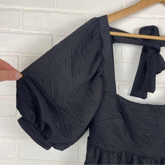 Free People Violet Mini Dress Black Textured Puff sleeve tie back size XS NWT - Picture 7 of 14